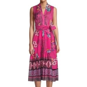 Kobi Halperin Women's Hailey Rose Pink Belted Cotton Midi Dress Size XL X-Large